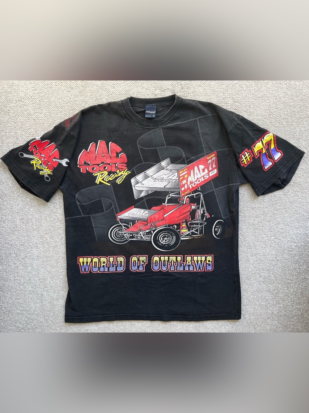 Vintage 90s Mac Tools Racing World of Outlaws Tee, Swingster, Black, Size XL